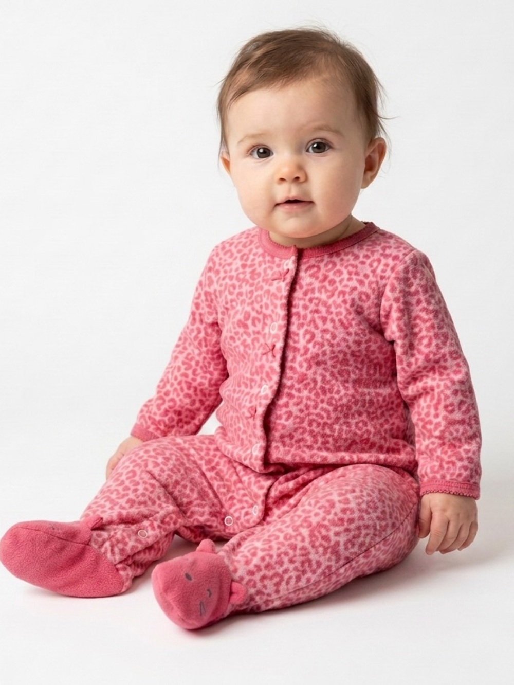 Carter's Pink Leopard Print Cat Face Footed Baby Long Fleece Sleeper 6 Mo